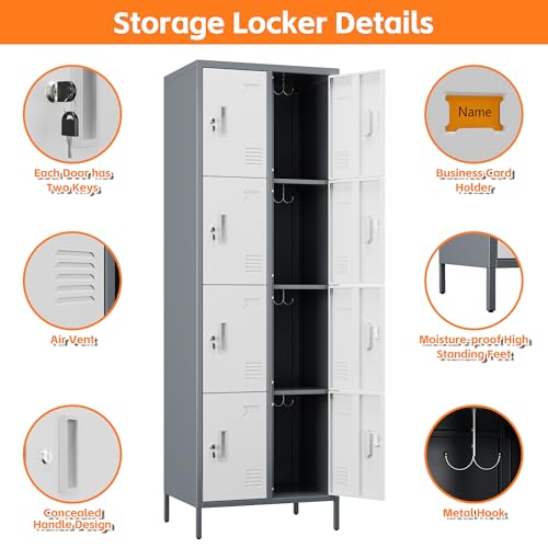 Aobabo 185H*60B*45T cm Metall Schließfach,8 Stahlschränke für Mitarbeiter,Schlafzimmer, Schule,Dunkelgrauweiß,Spind,Spind Schrank (8 Tür, Dunkelgrauweiß)