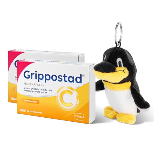 Grippostad C Hartkapseln + Pinguin (Bundle) zur schnellen Linderung von Reizhusten Schnupfen Kopf- und Gliederschmerzen und Fieber bei Erkältung und grippalen Infekten 2 x 24 Stück