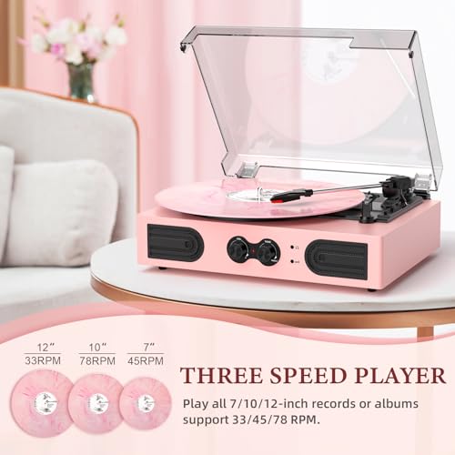 Image of Vinyl Record Player with Built-in Speakers, Vintage 3-Speed Turntable, Bass /Treble Control, Headphone Jack, RCA /AUX Outputs, Belt-Driven LP Player, Pink