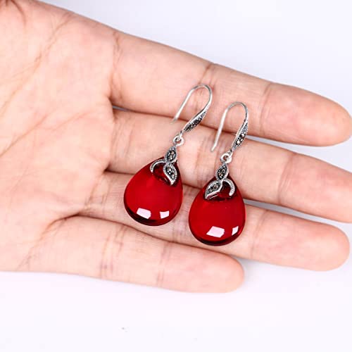 Ever Faith 925 Sterling Silver Red Created Chalcedony Crystal Retro Black Leaf Teardrop Hook Earrings Birthday/Mothers Day/Valentines Day/Christmas Jewelry Gift For Women #TOP4