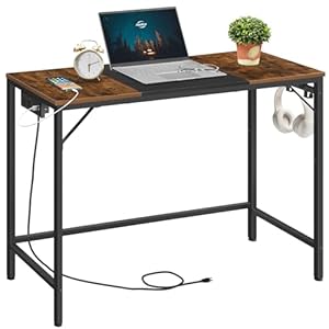 HOOBRO Computer Desk, Home Office Desk with Power Outlet, Modern Study Writing Desk with 3 Hooks for Study Room, Home Office, Sturdy and Stable, Easy to Assemble, Rustic Brown and Black BF41UDN01
