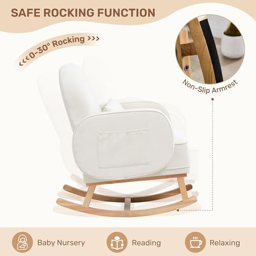 Image of HCHAIRH Rocking Chair with Ottoman, Upholstered Glider Rocker with High Backrest and Side Pocket, Comfy Chenille Reading Chair with Solid Wood Legs for Nursery, Living Room,Bedroom Beige