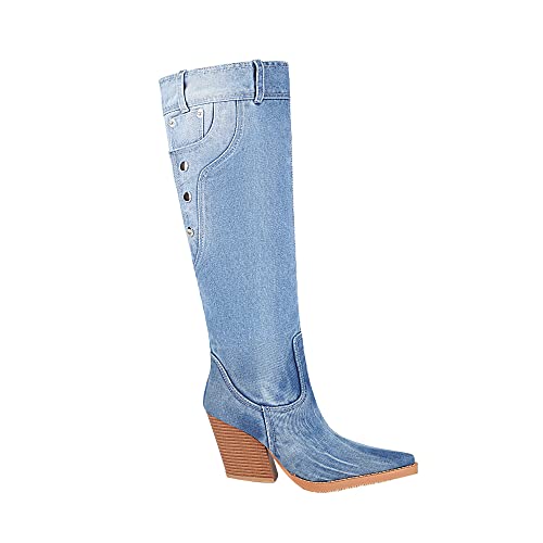 vivianly Women Denim Knee High Boots Pointy Toe Chunky Stacked Heel Cowgirl Boot Size 6.5 - image 5