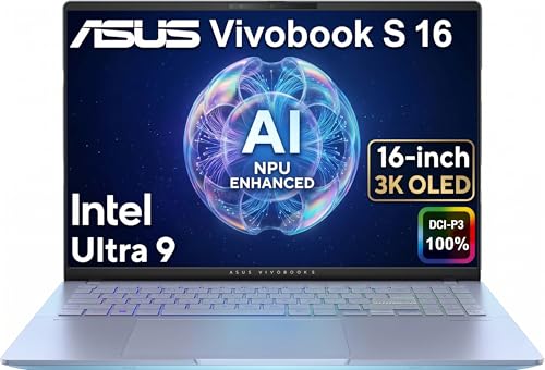 ASUS Vivobook S 16 AI PC Laptop, 40.6 cm 3K OLED, Intel 16-Core Ultra 9 285H ( i9-13900H) para criadores, fotógrafos, designers, webcam IR, IST Computer Customized 32GB DDR5 RAM, 1TB/2TB SSD, Win 11