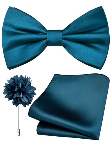 Branduce Mens Teal Bow Tie for Wedding Solid Satin Silk Bowties Pocket Square and Lapel Pin Brooch Set (BB07-40)