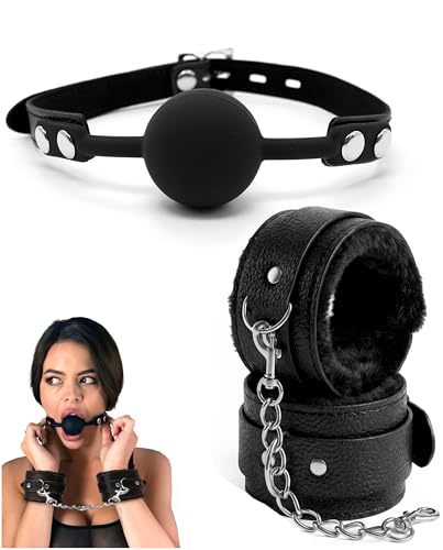 Sex Handcuffs for Grownups Fuzzy Hand Cuff Set Adjustable Mouth Ball Gag for Women BDSM Gag - 2pcs Set Bondage Restraints