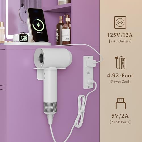Image of Makeup Vanity Desk with Mirror and Lights, 43 inch Purple Vanity with Glass Top, Jewelry Storage, 3 Drawers & Glass Cabinets, Power Outlet & Adjustable LED Lights, Dressing Table for Women & Girls Bedroom