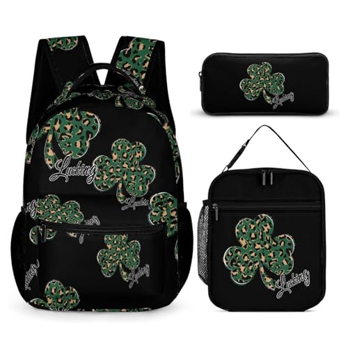 Lucking Clovers Leopards Print Travel Backpack Lunch Box Pencil Case 3Pcs Set for Men Women Office Outing University