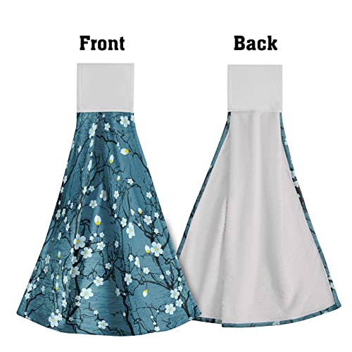 Plum Blossom Hanging Kitchen Towels Set Of 2 - Absorbent Cherry Blossoms Floral Blue Washcloth Towels Flower Painting Soft Tie Towel For Bathroom Kitchen Tabletop Bar Decor #TOP2