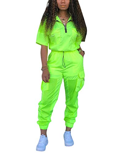 Women 2 Piece Outfits Tracksuit Jumpsuits Lightweight Windbreaker Pullover Jacket Crop Top Pants Set Green