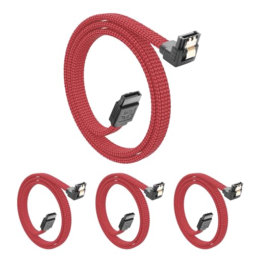 YACSEJAO Paquete de 4 cables SATA III de 20 pulgadas, 6 Gbps, SATA 3.0, ángulo recto de 90 grados con pestillo de bloqueo para disco duro, SSD, CD, controlador de CD, grabadora de CD (rojo)