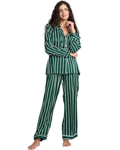 Image of YiNi LuLu Womens Silk Satin Pajamas Set Button Down 2 Piece Pjs Long Sleeve Oversized Sleepwear with Pockets
