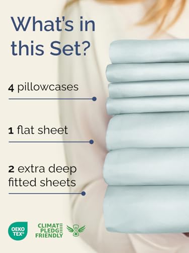 Image of Extra Deep Split King Sheet Set - 7 Piece Breathable and Cooling Sheets - Hotel Luxury Bedding for Women, Men, Kids & Teens - Easy & Secure Fit - Soft and Wrinkle Free - Extra Deep Pockets - Ice Blue
