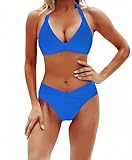Ocean Plus Damen Push Up Hängender Nackenriemen Bikini-Set Metallschnalle Mehrfarbiger Bikinis mit Brustpolster (XL (EU 40-42), Kobaltblau)