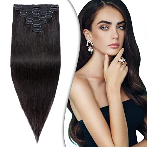 Hairro Clip In Hair Extensions Human Hair Remy Clip Ins For Women Double Weft Thick Natural Seamless Clip On Hairpieces 8 pcs 18 Clips Full Head Clip-in Real Hair 18" 140g #1B Natural Black