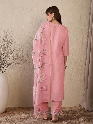 Image of INDO ERA Women's Linen Embroidered Straight Kurta and Pant with Dupatta Set (KH9PK9800)