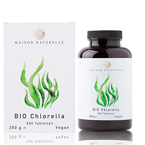 MAISON NATURELLE® Bio Chlorella Tabletten (500 Stück) - 100% reine Bio Chlorella Alge ohne Zusätze - Hochdosiert mit 6.000mg Bio Chlorella je Tagesdosis - 100% Vegan