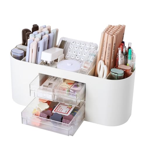 FRETONBA Schreibtisch Organizer mit 3 Schubladen, Stiftehalter Schreibtisch mit 7 Fächern, Multifunktionaler Stifteköcher, Schreibtischorganizer für Büro, Schule, Zuhause, Transparent