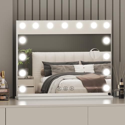 Hamlody Espejo de maquillaje con iluminación, 58 x 46 cm, espejo de tocador Hollywood con 15 lam y 3 colores claros, regulable, puerto de carga USB/tipo C, control táctil para dormitorio, vestidor