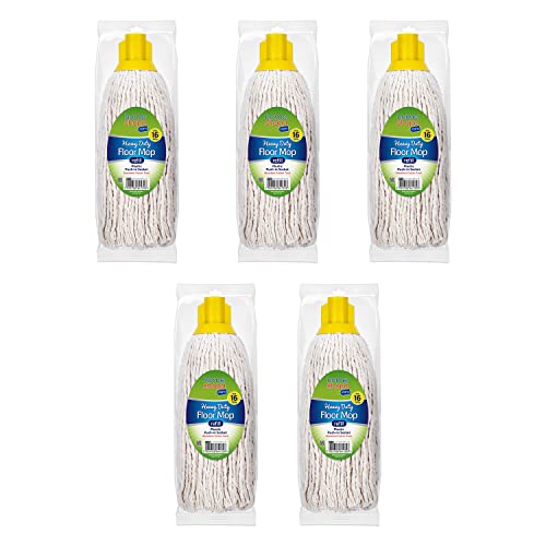 HOMESHOPA 5 Pack Mop Heads Replacement, 16 Size Yellow Colour Coded Self Threading Plastic Push in Socket Refill Head, Super Absorbent Wet & Dry Floor Cleaning for Domestic & Commercial Use
