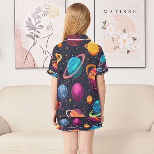 senya Pajama Sets Silky Button Down Nightwear Sleepwear Size 5-14 Years Blue Purple Yellow Planet4