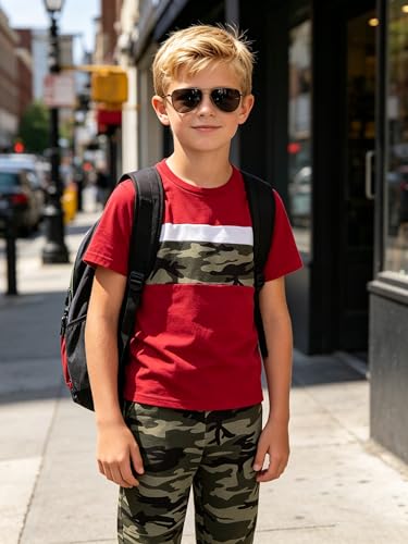 Image of OLMRJKD Boys 2 Piece Outfits Color Block Clothes Short Sleeve T Shirt and Camouflage Pants Summer Clothing Sets
