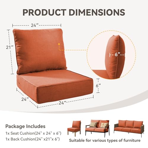 Image of 6 inch Thick Outdoor Chair Cushions - 24 inch* 24 inch Patio Furniture Cushions with Water Resistant & Removable Cover, 28D High Density Sponge Patio Cushion for Outdoor Furniture Couch Chair Orange