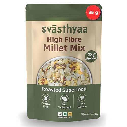 Image of Svasthyaa High Fibre Millet Mix | Roasted Chivda Namkeen with Jowar, Chana Jor, Moong Jor & Corn Flakes | Sugar Free, Gluten Free, Diabetic Friendly Jain Snack | Protein Rich 35gms (Pack of 1)