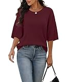 KUOTAI Womens Summer Short Sleeve Sweater Oversized Cropped Crewneck Lightweight Knit Casual Pullover Top Loose Fit, Wine Red, XX-Large