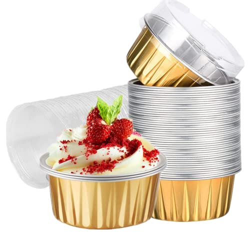 Paquete de 100 tazas para hornear de papel de aluminio con tapas, tazas de postre de 5 onzas, moldes desechables para magdalenas, mini moldes para magdalenas, para bodas, cumpleaños(dorado)