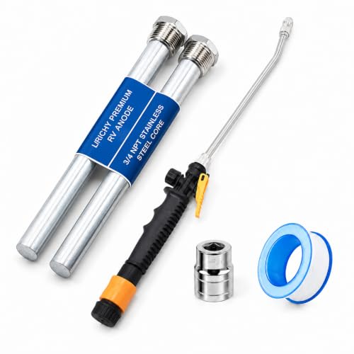 Image of 5 Pcs Upgrade RV Water Heater Anode Rod, Flush Wand Maintenance Kit | 9.25 inchL x 3 /4 inch NPT, 2 x Stainless Steel Hex Head Premium AZ31B Magnesium Anode Rods, Socket Tool & PTFE Tape, for Suburban
