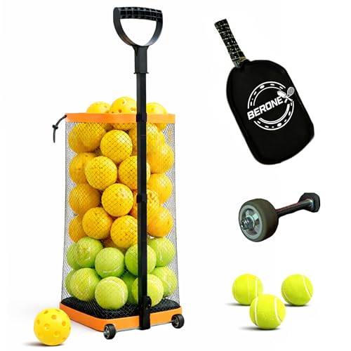 Rolling Tennis Ball Hopper & Picker Basket with Wheels, Holds 50+ Tennis Balls or 40+ Pickleballs, Lightweight Retriever Collector, Durable Easy Pick Up Ball Collector with Paddle Bag, Upgraded O