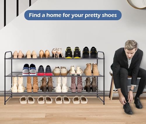 Image of KEETDY Long 3 Tier Shoe Rack for Closet Wide Shoe Storage Organizer Stackable Metal Shoe Shelf for 24 Pairs Men Sneakers with Wire Grid for Closet Floor, Bedroom, Entryway, Bronze