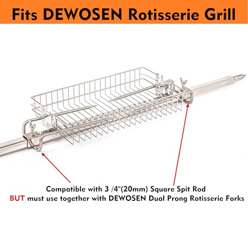 DEWOSEN Stainless Steel Flat Rotisserie Grill Basket Standard Size, Fits 1/2" or 3/8" Hexagon, 3/8" or 5/16" Square Spit Rod, If 3/4" Square Spit Rod MUST Use Together With DEWOSEN Rotisserie Forks