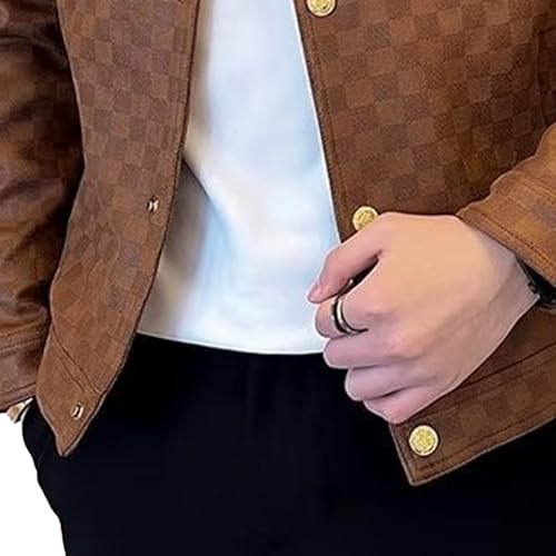 Men's Plaid Leather Jacket Casual Lapel Motorcycle Leathers Coat Classic Button Bomber PU Jackets4