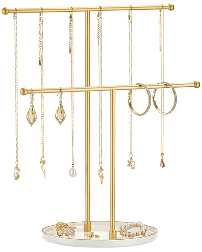 Josmimic Schmuckständer für Halsketten mit Keramikbasis - 30 cm Schmuckaufbewahrungsorganizer für Halsketten Armbänder Ringe Ohrringe | Goldene Stange Weiße Basis