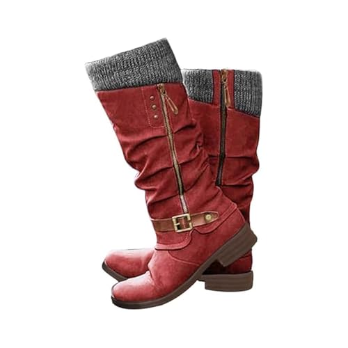 Knee High Boots for Women,Chunky Heel Round Toe Comfortable Walking Hiking Booties Outdoor Shoes Mid Calf Flats Boots Sweater Knitted Cuff Fashion Side Zip Buckles Winter Boot (Red,7)