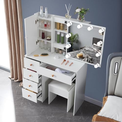 JBLCC Vanity Desk with Mirror & Light, Makeup Vanity with