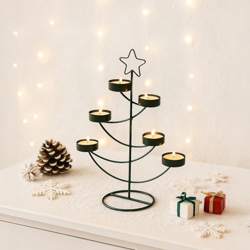 Image of MARKET 99 Star T-Lite Holder with 6 Wax T-Lites Included - Green Metal Xmas & Christmas Tree Star Design Glossy Candle Holder for Home, Living Room, Bedroom & Festival Decor