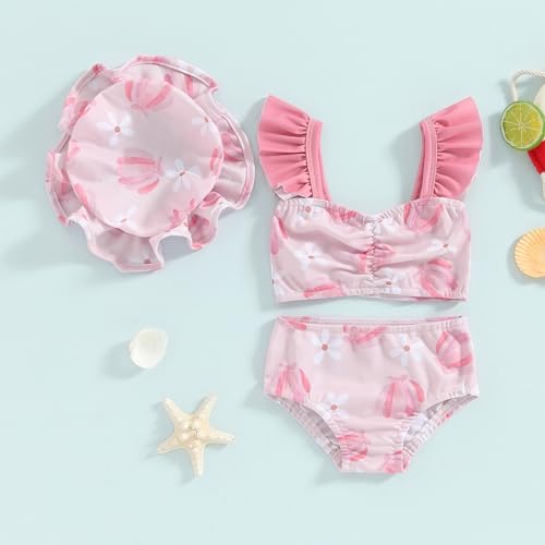 Toddler Baby Girl Swimsuit Infant Fly Sleeve Swimwear Tank Tops with Shorts and Hat Bathing Suit 3Pcs Summer Outfit2
