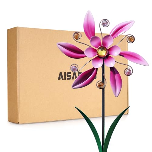 AISANWU Metal Outdoor Wind Spinner, 25.5 inch Purple Rustic Pinwheels Wind Sculpture, Flower Kinetic Rotator Outdoor Decor for Garden Yard Patio Lawn