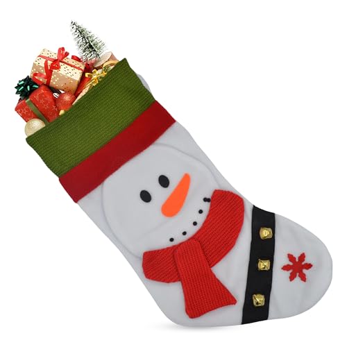 AKEDE 18 Classic Christmas Stocking, Big Size Christmas Stockings With A Stitched Cuff And 3 Jingle Bells Attached For Christmas Decoration, Party Decoration And Party Accessory Pack Of 1 (Snowman)