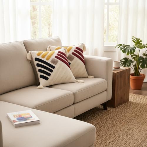 Image of RRC Boho Throw Pillows 16x16 Inch Set of 2 - Soft Mid Century Modern Decorative Pillow Covers, Aesthetic Cushion Cases for Couch, Sofa, Bed & Bedroom Decor (Brown, 16X16(Inches))