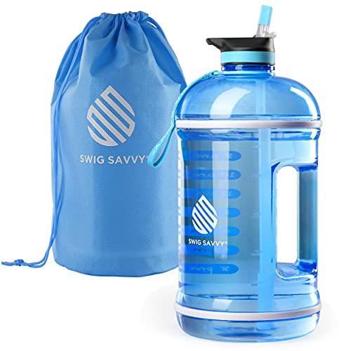 Swig Savvy Motivational Time Marker Water Bottle with Straw Lid and Storage Sleeve, Blue, 128 OZ