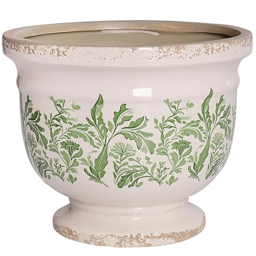 Vintage Ceramic Planter Pot with Drainage, 6.8 Inch Large Crackle Glaze Flower Pot with Green Floral Leaf Pattern for Succulents, Flowers, Farmhouse Country Rustic Planters for Gardening Gift