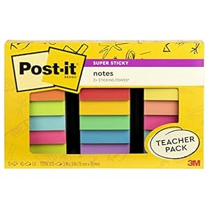 Post-it Super Sticky Notes Teacher Pack, Assorted Colors, 3 in. x 3 in., 15 Pads/Pack, 45 Sheets/Pad (654-15SSBTS-SR)
