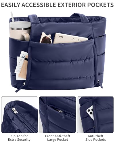 Image of Bagstellar Puffer Tote Bag for Women, Lightweight Puffy Work Handbag Teacher Nurse Quilted Shoulder Bag for School Travel Gym | Cloud Bag w / Zipper