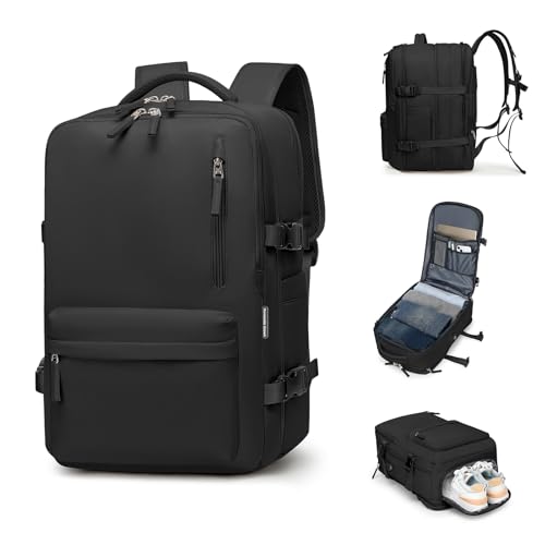Romantic Crown Mochila de Viagem Expansivel Avião Grande Feminina,Mochila Executiva Masculina Impermeável Reforçada para Notebook,Casual Esportes Hiking Escola Presente (Todo Preto)