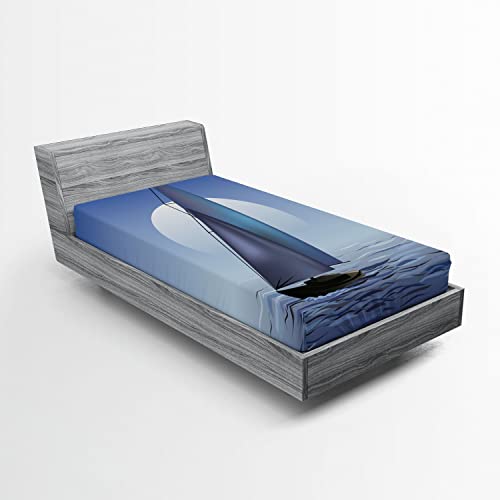 Ambesonne Nautical 2 Pack Fitted Sheet, Sail Boat Wavy Serene, Bed Cover All-Round Elastic Deep Pockets 2 Pieces, Package Contains 2 Twin Size Fitted Sheets, Deep Blue