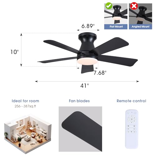 Image of 41 inch Modern Black Low Profile Ceiling Fans with Lights and Remote | Flush Mount ,Super Large Airflow with 6 Wind Speeds, Reversible, Dimmable 3 CCT LED, 30W DC Motor,Suits for Bedroom Kidsroom